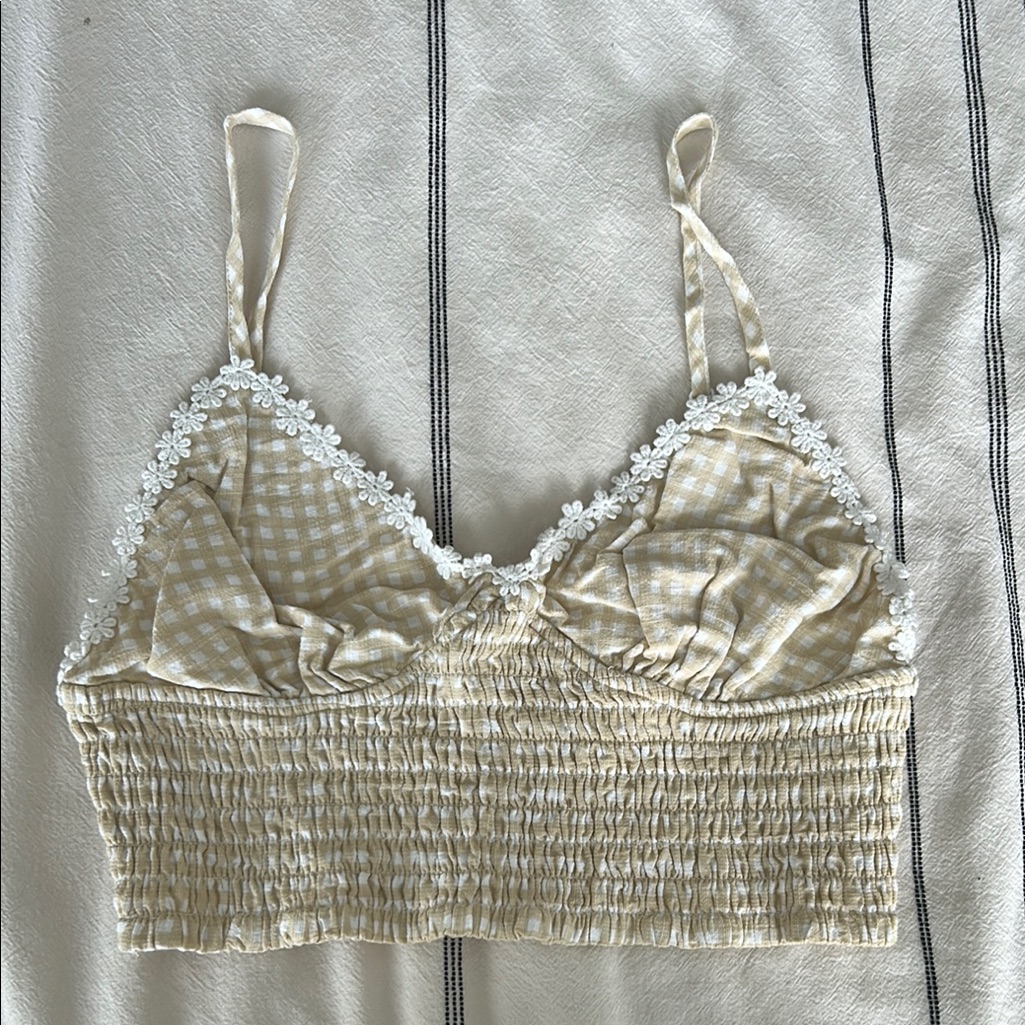 Beige Gingham Smocked Crop Top With Lace Trim